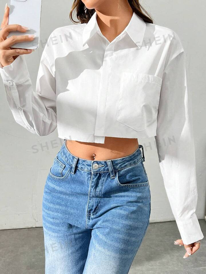 SHEIN EZwear Solid Color Short Buttoned-up Shirt | SHEIN