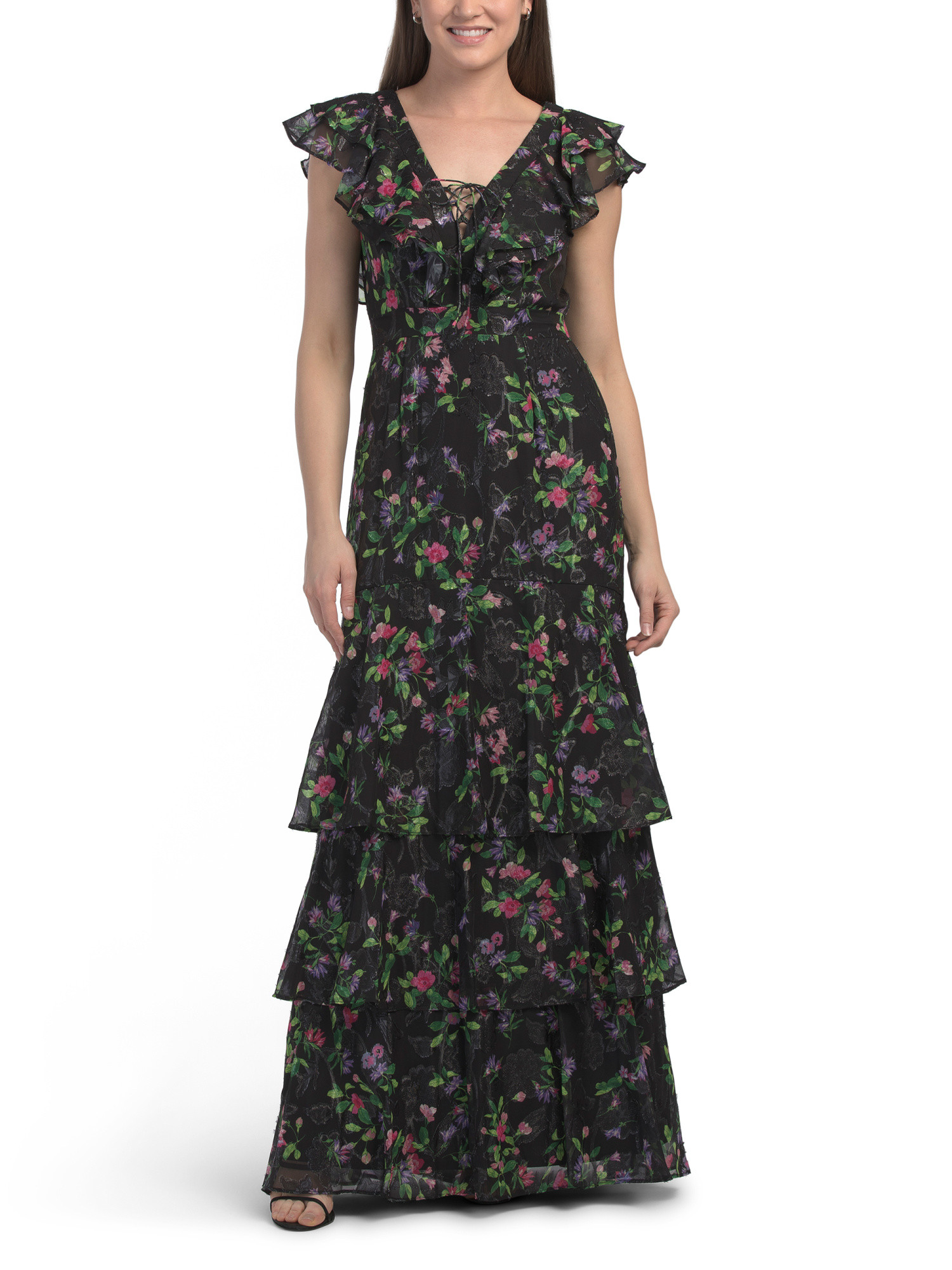 Flutter Sleeve Floral Tiered Gown | TJ Maxx