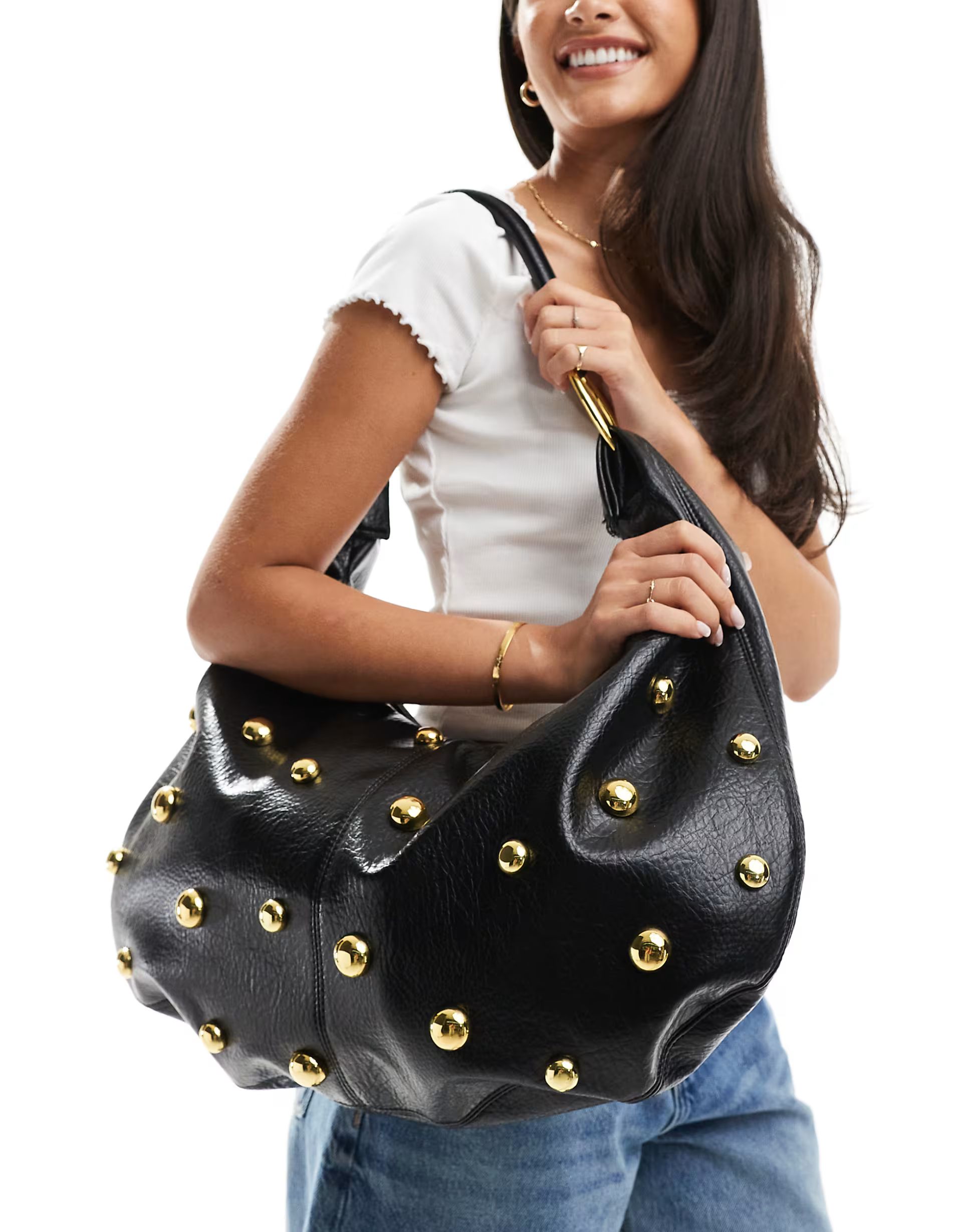 ASOS DESIGN curved tote bag with stud detail and ring hardware in black | ASOS (Global)