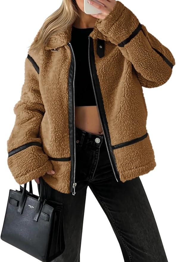 Tankaneo Womens Faux Fleece Jackets Winter Trendy Sherpa Zip Up Leather Patchwork Biker Coat Oute... | Amazon (US)