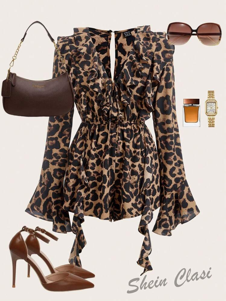 SHEIN Ellevyn Women's Elegant Leopard Print V-Neck Ruffle Trim Drape Sleeve Cinched Waist Jumpsui... | SHEIN