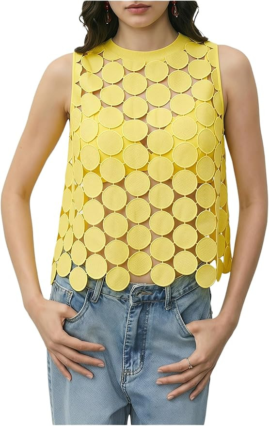 SHENHE Women's Sheer Tank Tops See Through Polka Dots Asymmetrical Top Summer Sleeveless Vest Shi... | Amazon (US)