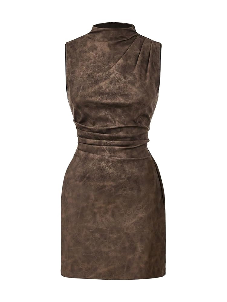 Women's PU Leather Ruched Bodycon Dresses Mock Neck Sleeveless Zipper Mini Tank Dress | Amazon (US)
