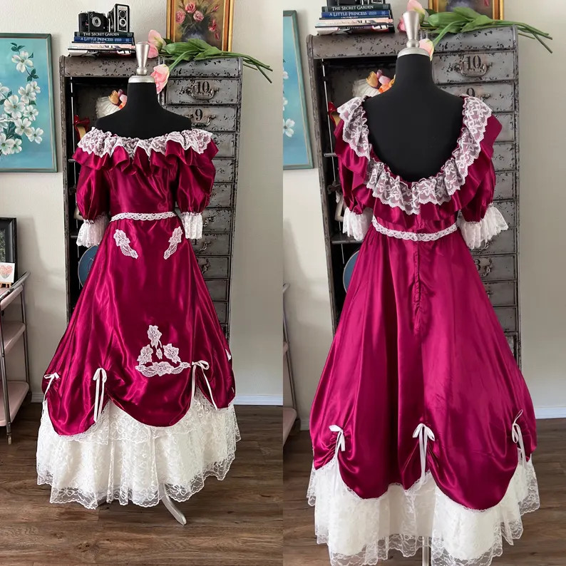 Vintage 1980's Raspberry and White Tiered Lace Dress M/L - Etsy | Etsy (US)