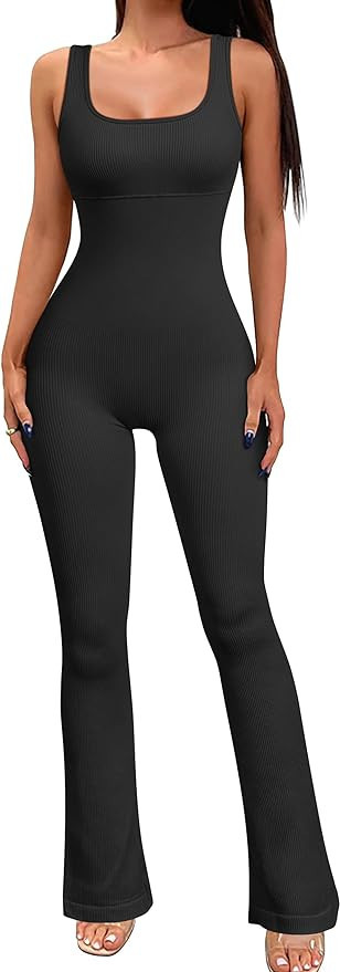 OQQ Women‘s Yoga Jumpsuits Ribbed Workout Sleeveless Tank Tops Bell Bottoms Flare Jumpsuits | Amazon (US)
