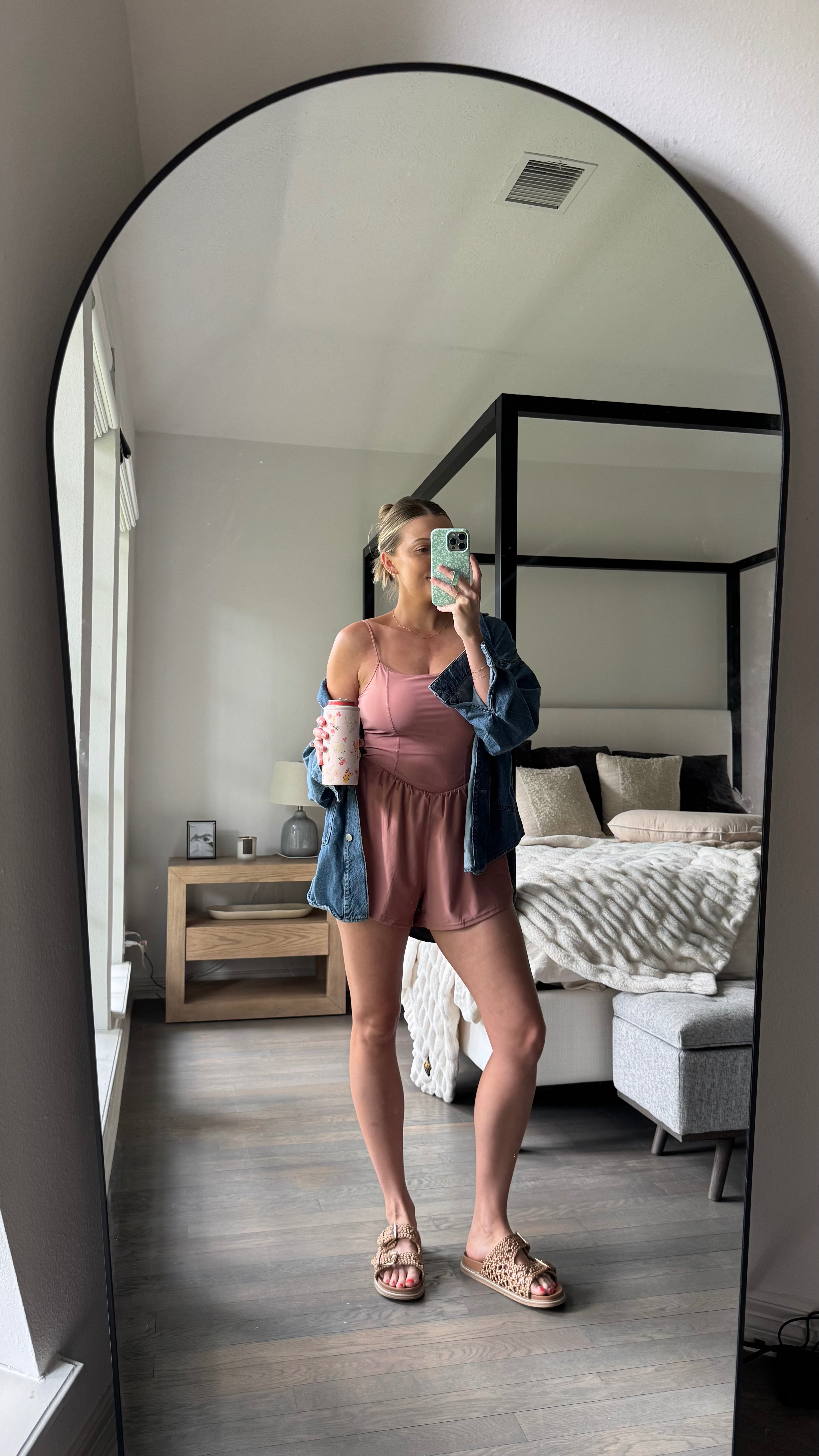 Mom Outfit | Casual outfit for a day of running around after my toddler and hanging out at home! Wearing a M in romper + S in denim shirt. Sandals are tts.   

 

#LTKFindsUnder50 #LTKFindsUnder100
