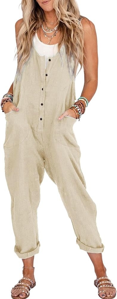 Himosyber Womens Cotton Linen Overall Adjustable Straps Button Harem Long Pant Jumpsuit | Amazon (US)