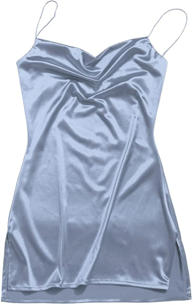 ZAFUL Women's Satin Sleeveless Spaghetti Strap Mini Dress Side Slit Cowl Neck Cocktail Party Dres... | Amazon (US)