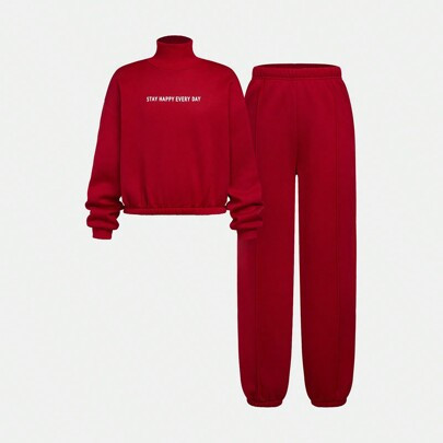 2pcs Girls Plus Size Red Half-Neck Letter Print Sweatshirt & Sweatpants Set | SHEIN