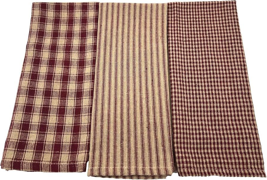 Classic Woven Kitchen Towels, Burgundy and Khaki, Set of 3 Designs (1 Plaid, 1 Check and 1 Stripe... | Amazon (US)