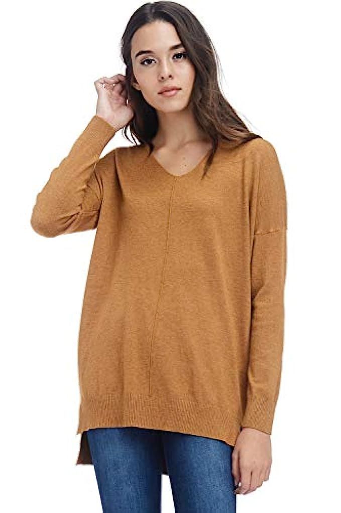 Alexander + David AD Womens Oversized V-Neck Pullover Sweater Top W/Slight Hi-Low | Amazon (US)