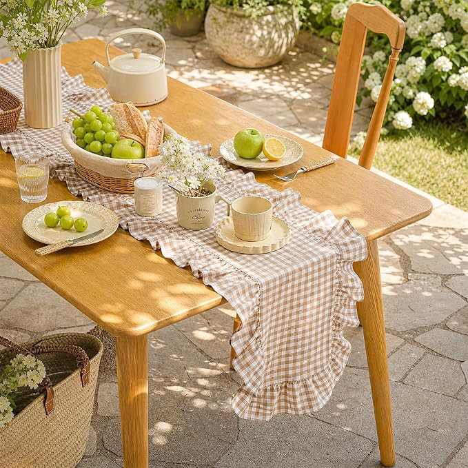 14x118 Inch Brown Plaid Gingham Ruffle Table Runner | Extral Long Farmhouse Table Runner for Birt... | Amazon (US)