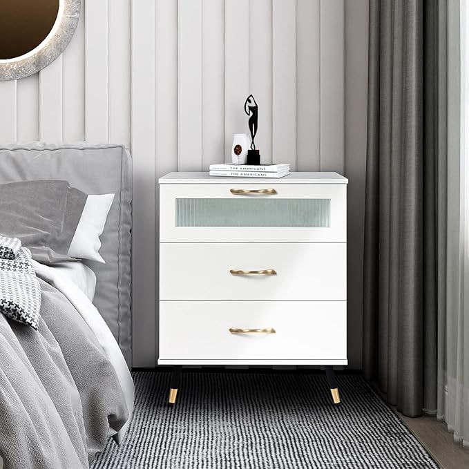 White Accent Nightstand Modern 3 Drawer Bedroom Dresser Nightstand Bedside Cabinet Furniture End ... | Amazon (US)