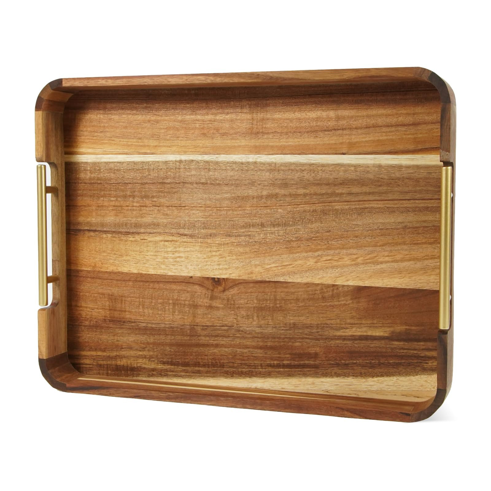 Acacia Wood Serving Tray with Metal Handles, 17x13in Food Drinks Tray for Coffee Table, Breakfast... | Amazon (US)
