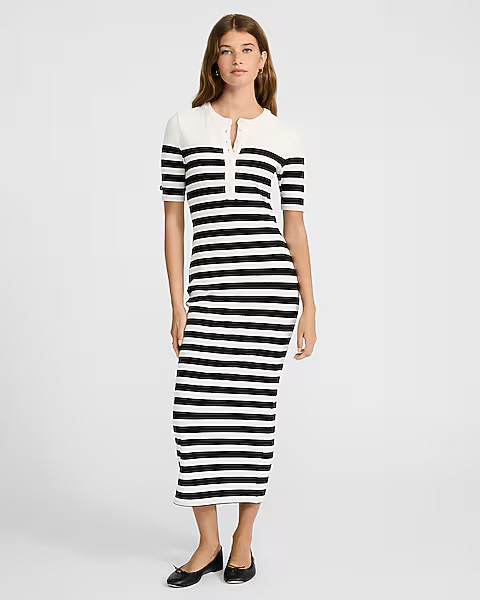 Ribbed Striped Crew Neck Henley Elbow Sleeve Midi Dress | Express