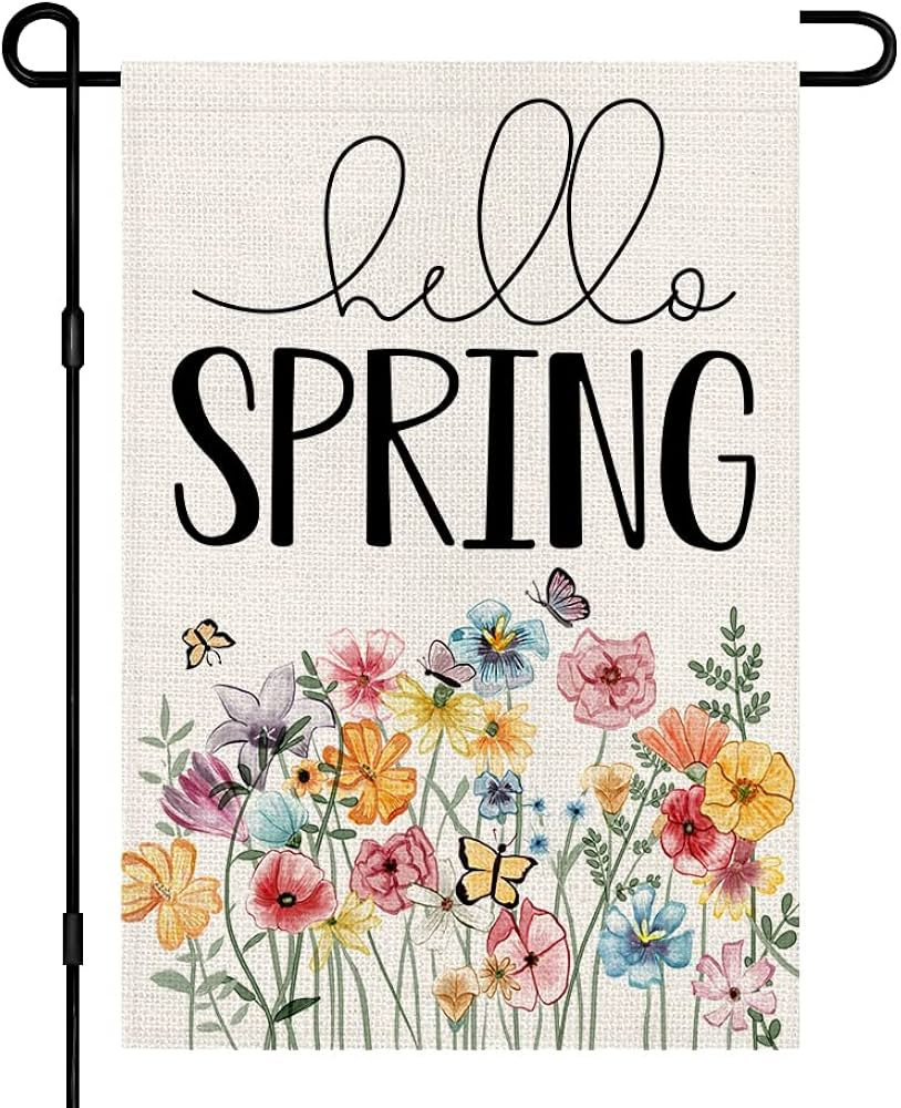 Hello Spring Floral Garden Flag 12x18 Inch Double Sided Burlap Outside, Flower Seasonal Sign Smal... | Amazon (US)