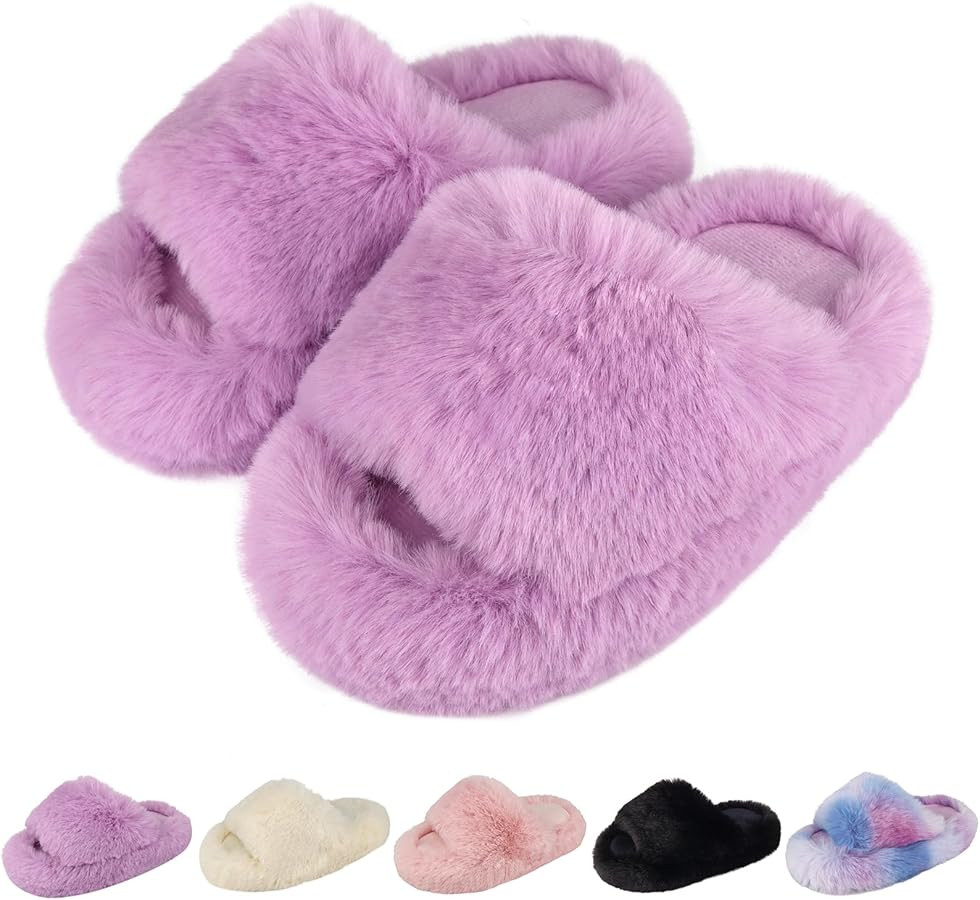 KOUECI Girls Fuzzy Plush Slippers丨Kids Open Toe Fluffy Memory Foam Slippers丨Slip on Warm Soft... | Amazon (US)