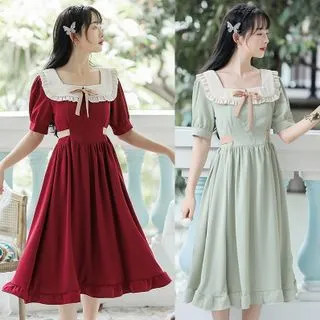 Lolding - Short-Sleeve Ruffle Trim Midi A-Line Dress | YesStyle Global