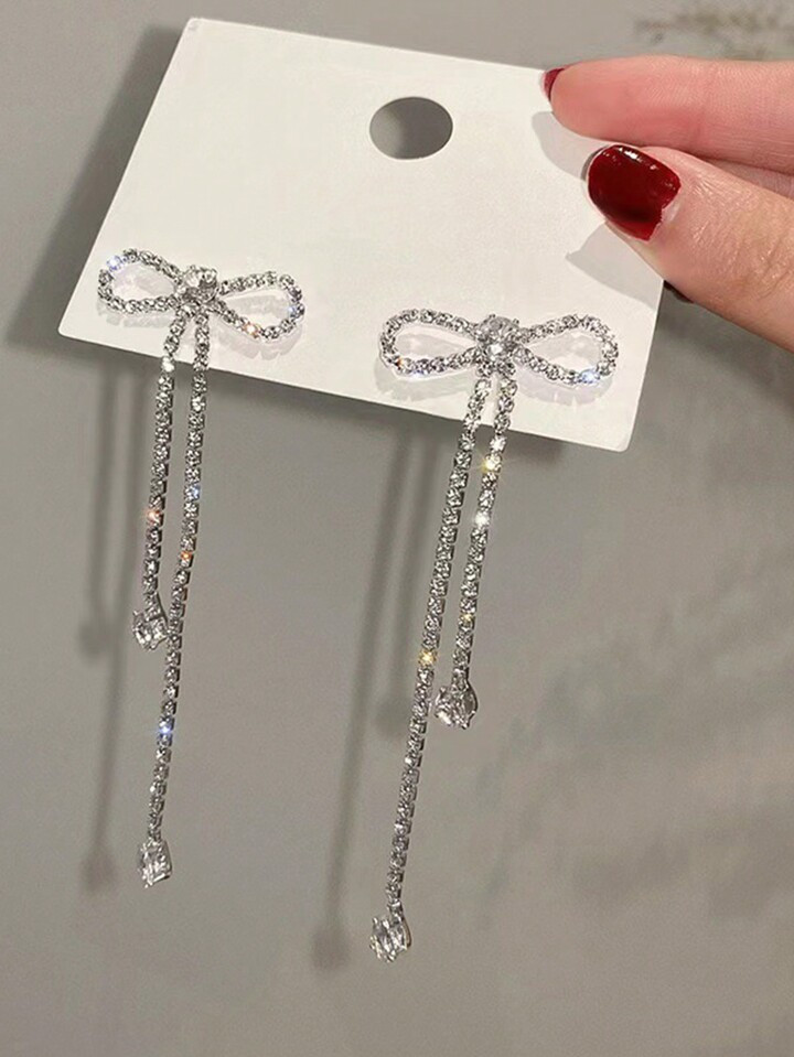 1pair Women's Silver Plated Bowknot Copper Clasp Chain Tassel & Water Drop Shaped Zirconia Dangle... | SHEIN