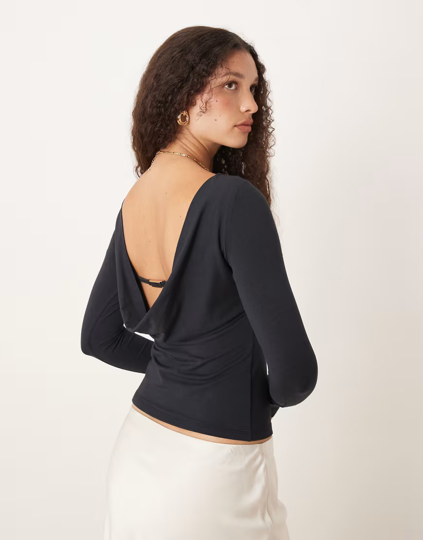 Abercrombie & Fitch slash neck cowl back long sleeve top in black | ASOS (Global)
