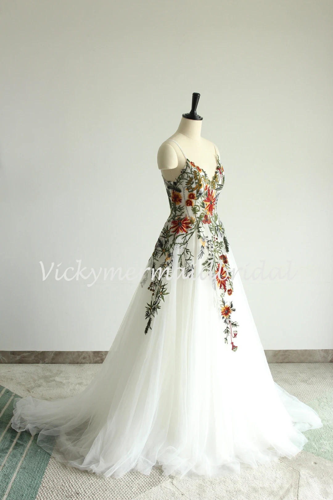 Colorful 3D Lace Wedding Dress,a Line Tulle Lace/garden Wedding Gown With Deep V Neckline and Det... | Etsy (US)