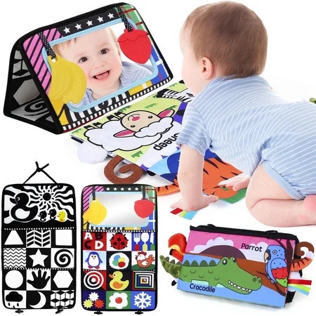 LotFancy Baby Tummy Time Mirror Toys, Crinkle Cloth Book Black and White High Contrast Infants Toys | Walmart (US)