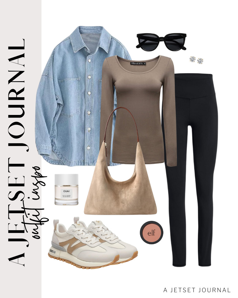Looking for coffee-run outfits? Try layering a denim jacket over this long-sleeve top and high-waist leggings combo. This suede shoulder bag and somiliss walking shoes are perfect for this look, too! 

 #LTKSeasonal #LTKSaleAlert #LTKTravel