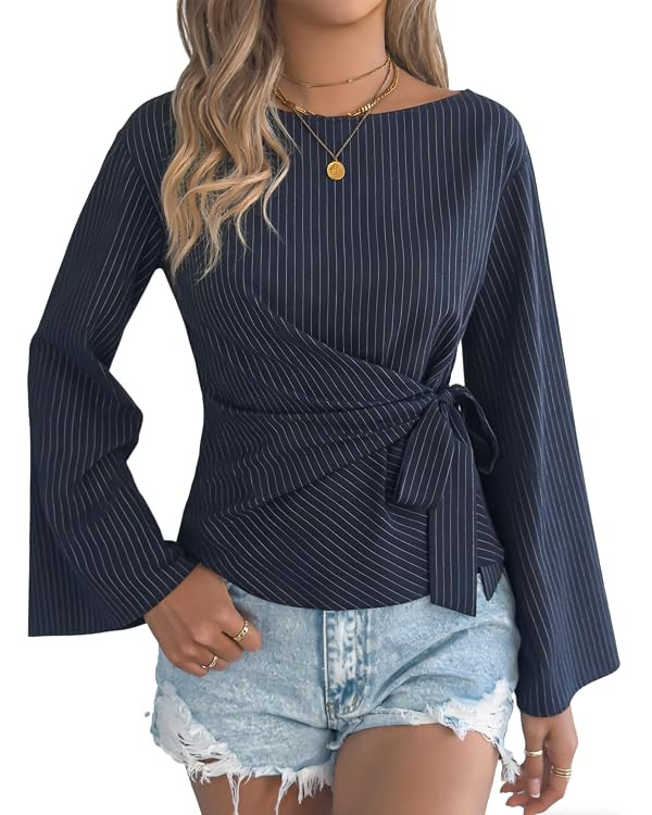 Women's Cropped Stripe Tops Button Down Tie Front Shirts Blouse | Amazon (US)