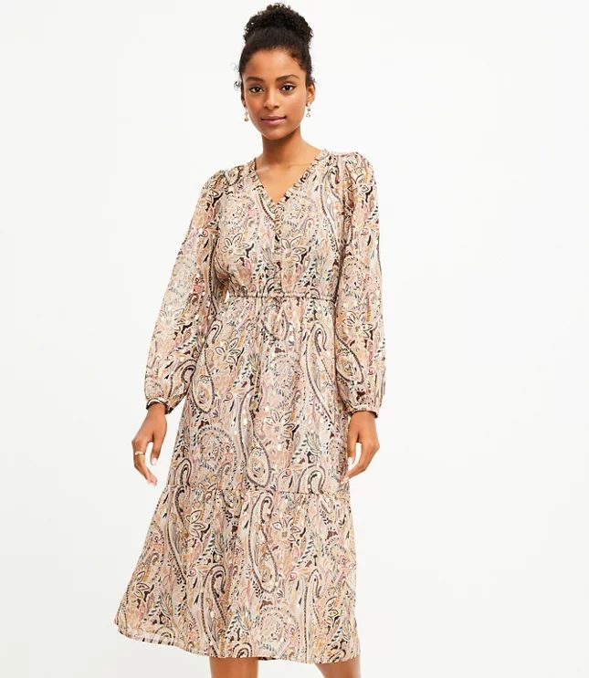 Shimmer Paisley V-Neck Midi Dress | LOFT