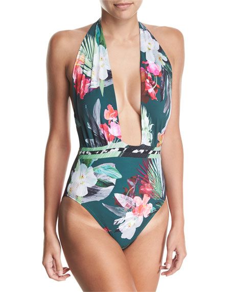 Jungle Floral-Print Wrap Front One-Piece Swimsuit | Neiman Marcus