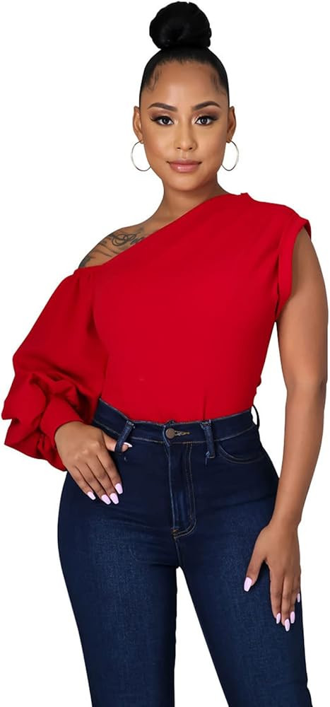 Ekaliy Women Sexy One Shoulder Sleeveless Bodycon High Low Asymmetrical Ruffle Tunics Blouse Shir... | Amazon (US)