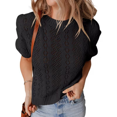 Women's Short Sleeve Round Neck Pullover Sweater - Breathable Open Knit Casual Top Black XXL | Target