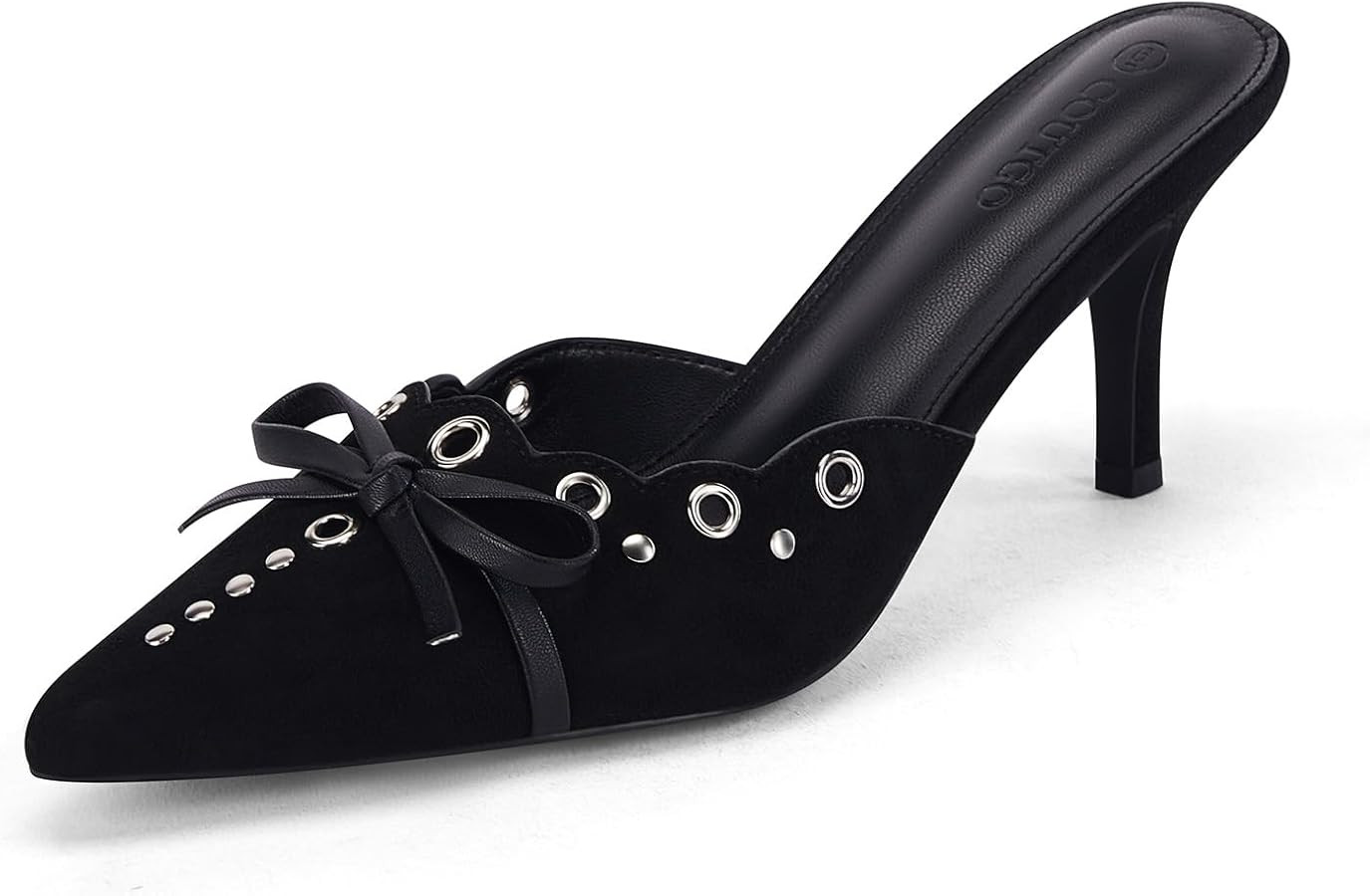 Coutgo Women's Bow Tie Mule Heels Pointed Toe Studded Backless Stilettos Slip On Dress Pump Shoes | Amazon (US)