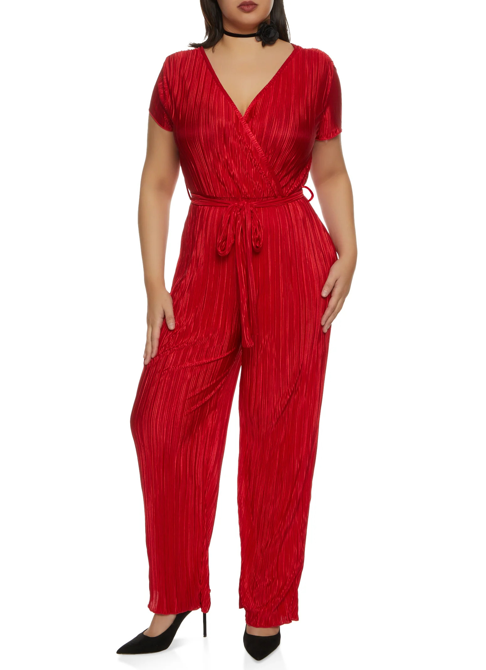 Plus Size Plisse Tie Waist Belted Jumpsuit  - Red | Rainbow Shops