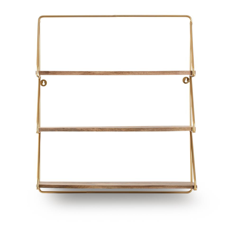 Leon (6.75 in x 23.75 in x 28 in) - Gold & Natural - Iron & Wood - Floating Decorative 3 Tier Wal... | The Home Depot