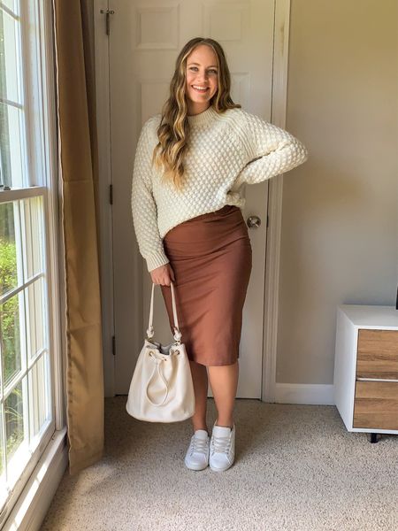 Cute casual fall outfit idea! Perfect for brunch, day dates, and getting together with friends! I linked several similar items such as chunky knit white sweaters, brown pencil skirts, white bucket bag purse, and white sneakers! Great church outfit idea! More fall outfits on my page!

#LTKitbag #LTKshoecrush #LTKunder100