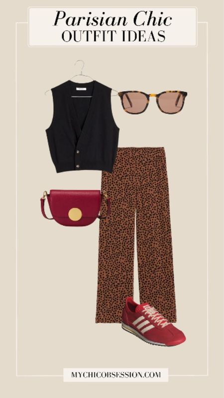 Incorporate a pop of red with a pair of Adidas sneakers and a red handbag for this trending look. Next, try adding a pattern like these leopard print pants. Keep things simple on top with a black vest top. Tortoiseshell sunglasses finish the outfit.

#LTKStyleTip #LTKSeasonal