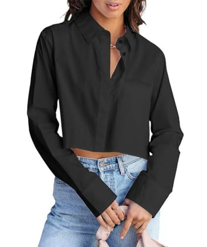INFITTY Women Button Up Cropped Shirt Casual Cotton Oversized Long Sleeve Fashion Fall Blouse Tops Black L | Amazon (US)