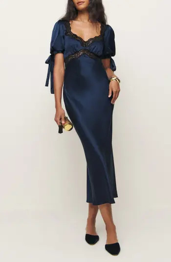 x Kacey Musgraves Stella Lace Trim Silk Midi Dress | Nordstrom