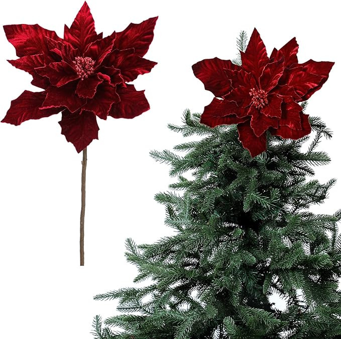 Velvet Poinsettia Christmas Tree Topper 16'' Jumbo Artificial Velveteen Poinsettia with Stem Faux... | Amazon (US)