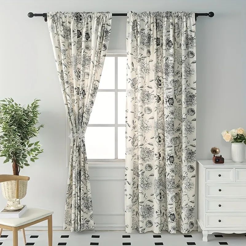 1PC Black Flower Printing Cotton Linen Curtain, Rod Pocket Window Treatment For Bedroom Office Ki... | Temu Affiliate Program