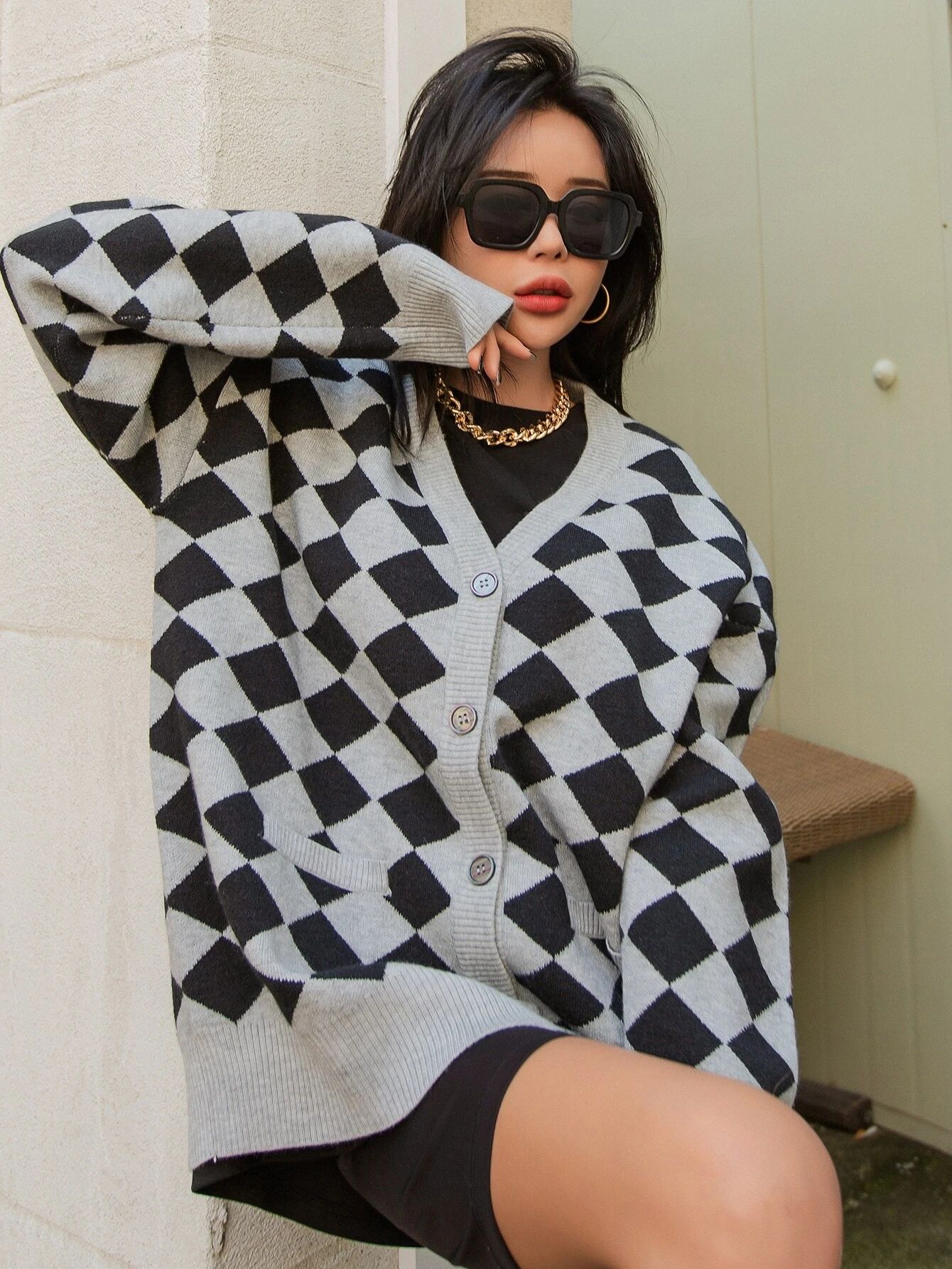 DAZY Argyle Pattern Drop Shoulder Oversized Cardigan | SHEIN