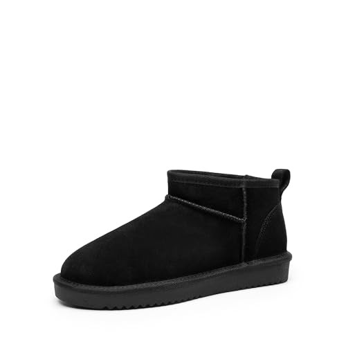 DREAM PAIRS Ankle Winter Mini Boots for Women Genuine Suede Faux Fur Lining Water Resistant Warm Snow Boots Slip On Memory Foam Comfort Booties FuzzyClassic,Size 7.5,Black,SDSB2405W | Amazon (US)