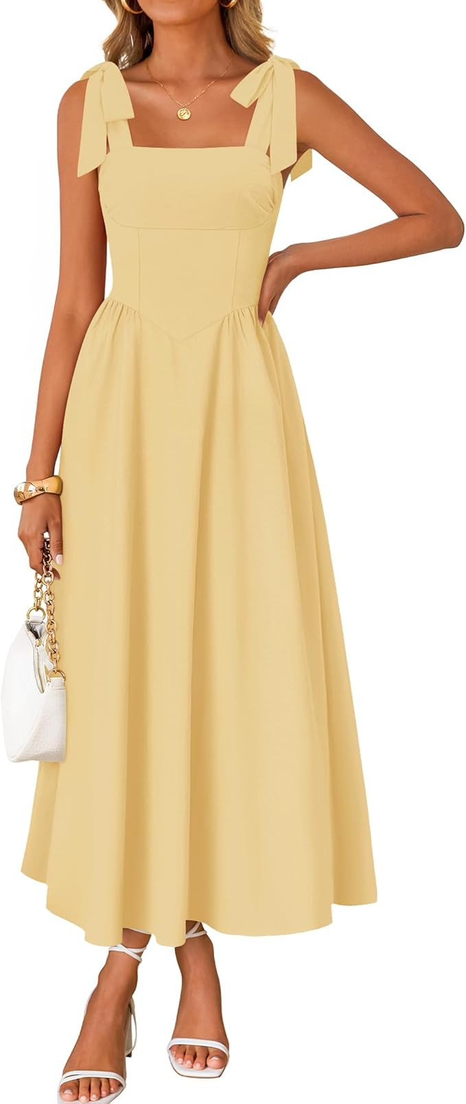 ZESICA Women's Summer Spaghetti Strap Maxi Dress 2026 Tie Shoulder Square Neck Flowy Wedding Gues... | Amazon (US)
