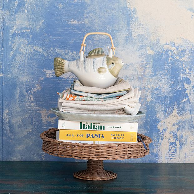 Woven Rattan Pedestal Basket Tray | Antique Farm House