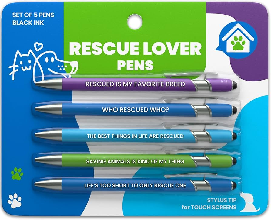 Funny Cat & Dog Rescue Lover Gift Pen Set \u2013 5 Black Ink Ballpoint Pens with Stylus Tip & Qua... | Amazon (US)