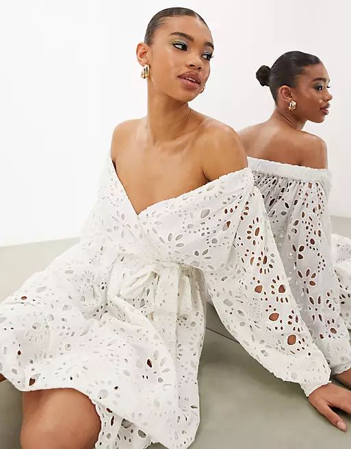 ASOS EDITION off-shoulder broderie wrap belted midi dress in white | ASOS (Global)