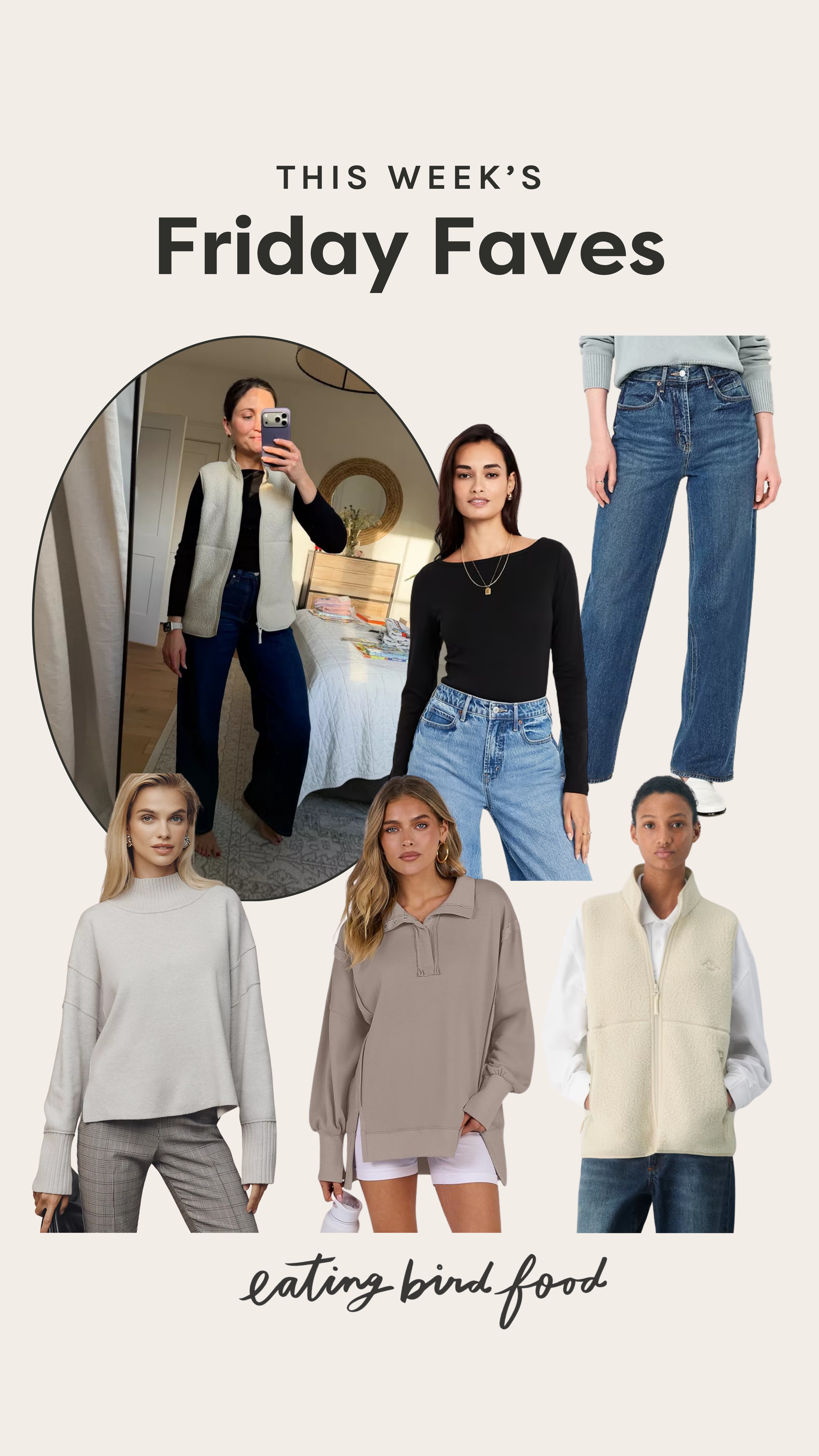 Friday Faves: Winter Fashion Faves

1. Old Navy Extra High-Waisted Wide-Leg Jeans: These jeans are so flattering and surprisingly comfortable for their structured look. They remind me of my fave Agolde jeans (but at a fraction of the cost). I love the extra high waist paired with the wide leg. I wear them with sneakers or boots.

2. Anthropologie Logan Turtleneck Sweater: This is one of those sweaters that instantly makes me feel so put together. It's cozy and flattering and not too tight with a just-relaxed-enough fit. I love the neutrals but it comes in playful graphic options too.

3. Amazon Oversized Pullover Sweatshirt: This is my go-to, throw-on sweatshirt for errands, travel days, or lounging at home. I wear it with leggings and a baseball cap. It’s perfectly oversized without looking sloppy, and it’s soft in that worn-in way. I have a medium in khaki.

4. Old Navy Snug Long Sleeve Boat Neck T-shirt: I love having basic tops like this on hand. The boat neck makes it feel a little more elevated than a regular long sleeve tee and the snug fit is perfect for layering. I wear this top under sweaters, vests, and jackets.

5. Aritzia Polartec Thermal Mockneck Vest: This vest is a cold-weather layering dream. It’s lightweight but incredibly warm, and the mock neck adds extra coziness. I love throwing it on over a basic long sleeve top. 

 #LTKSeasonal #LTKFindsUnder50 #LTKFindsUnder100