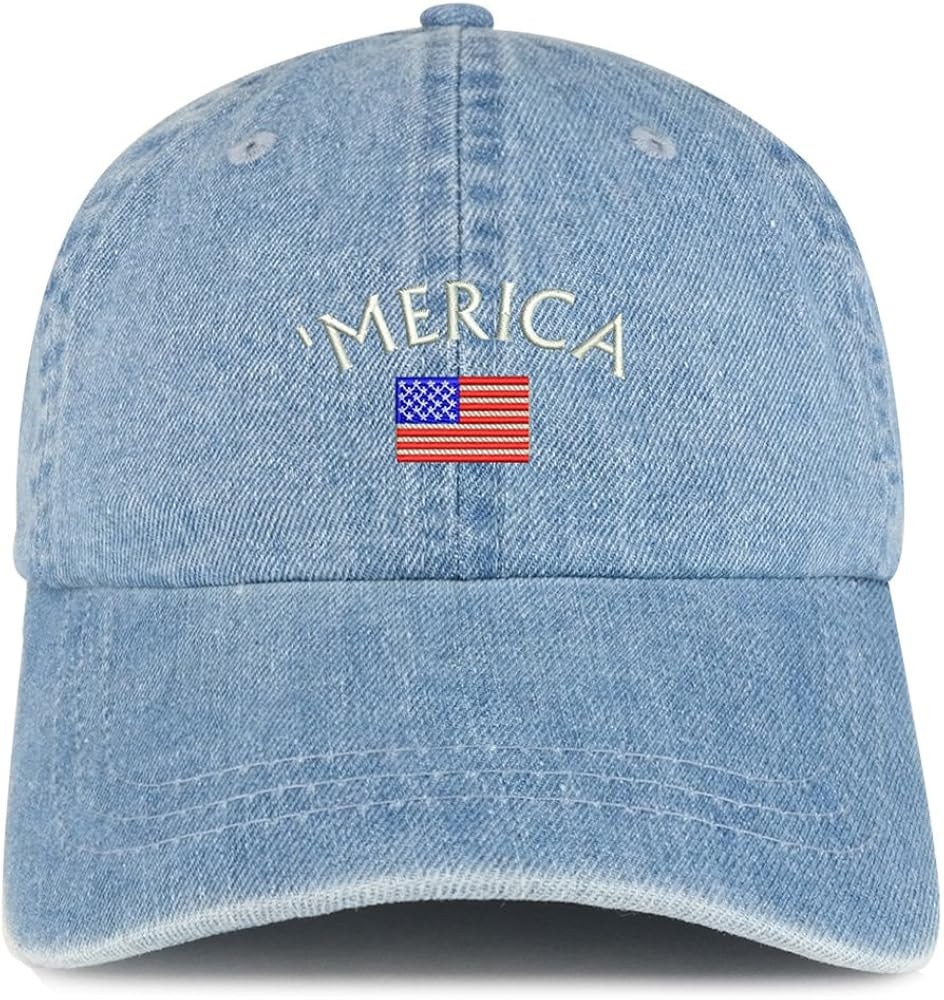 Merica Small American Flag Embroidered 100% Cotton Denim Cap Dad Hat | Amazon (US)
