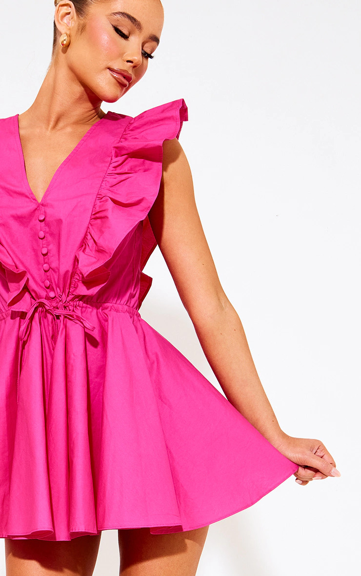 Pink Poplin Button Detail Flare Short Romper | PrettyLittleThing US